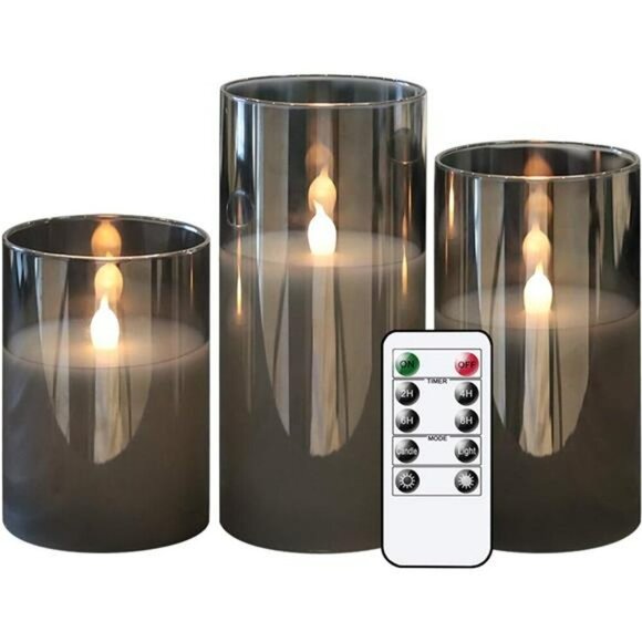 Flameless LED Candles Set of 3 Gray Glass Remote Timer Real Wax Home Decor - Picture 1 of 7